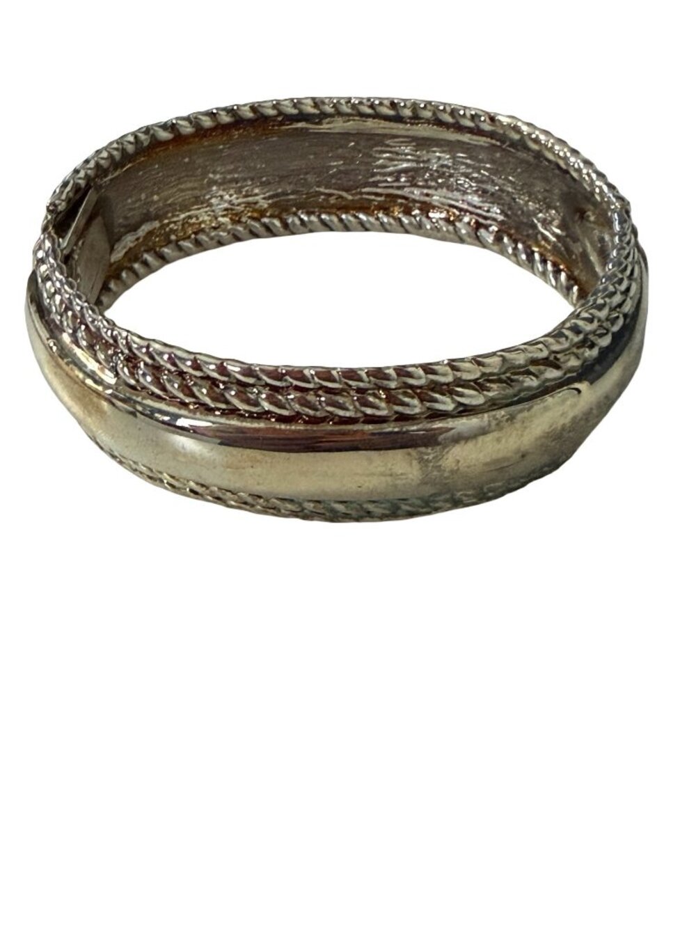 Vintage Chunky Silver Tone Hinged Bangle Bracelet Braided Rope Clamper